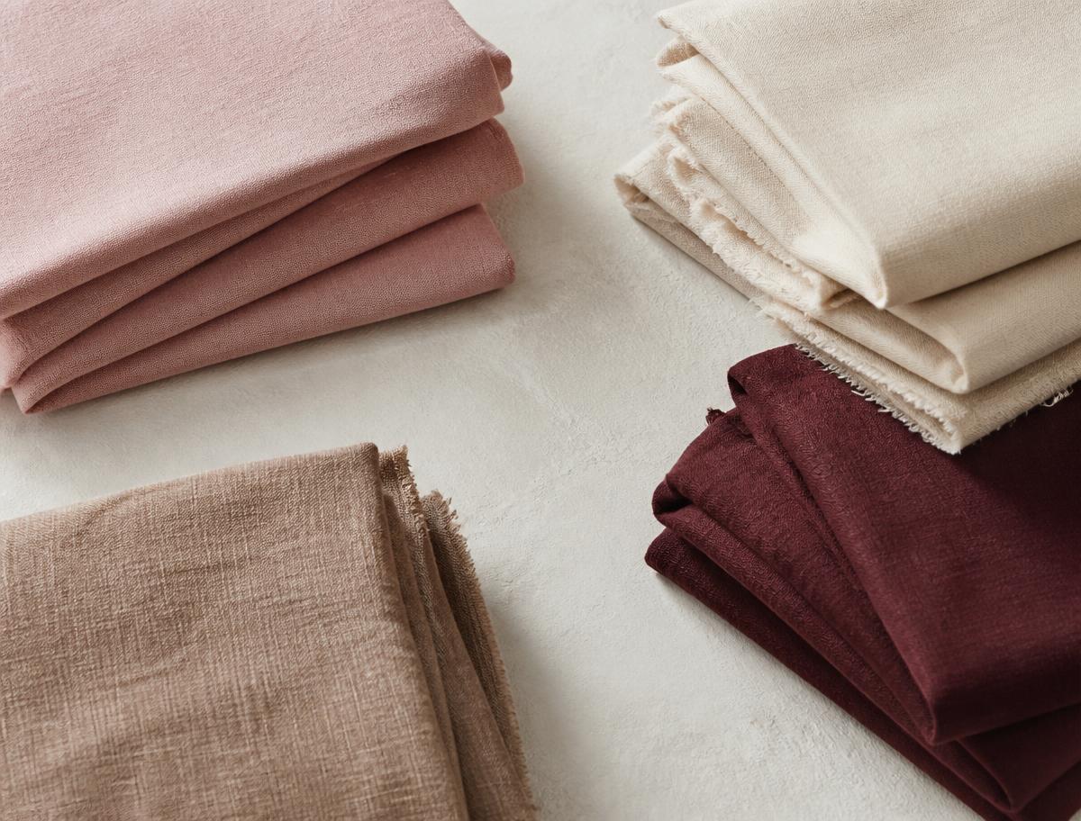Tissus en coton et lin pliés, teintes rose, crème et bordeaux
